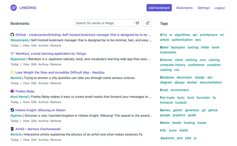 Linkding interface